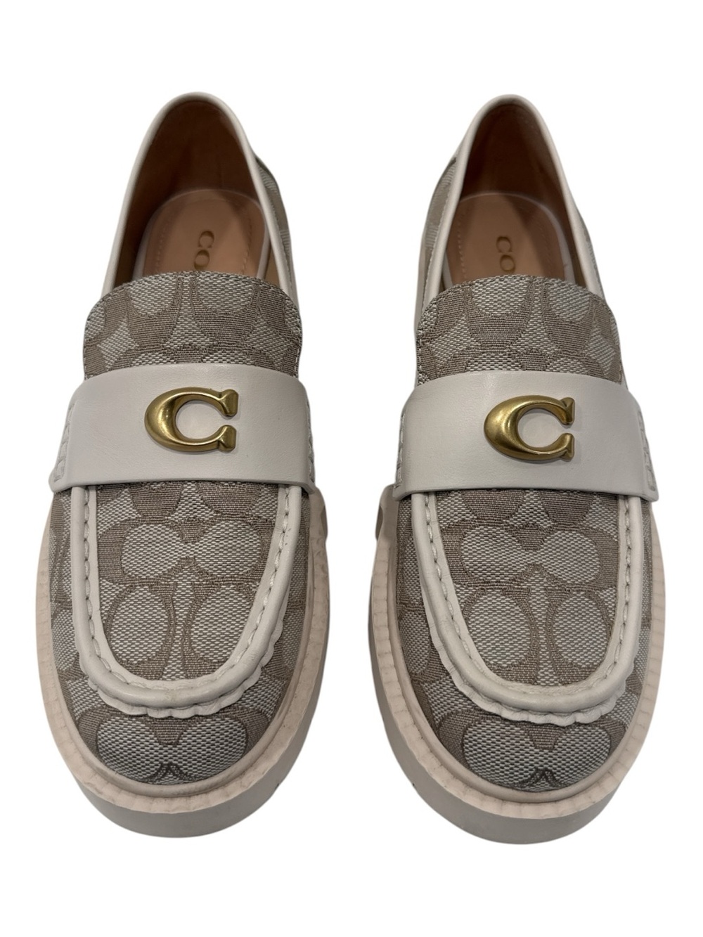 Coach Beige Signature Canvas Loafers Cream Strap and Gold Hardware size 6.5 B - Picture 5 of 12